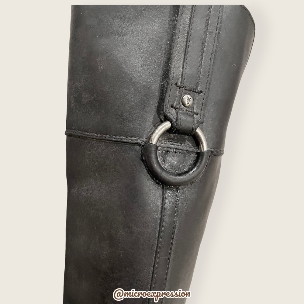 $389 Frye Jamie Ring Tall Distressed Stone Black Leather Knee High Zip Up Boot - Picture 11 of 15